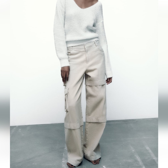 Zara * Cargo Pants Trousers Wide Beige - Picture 9 of 15